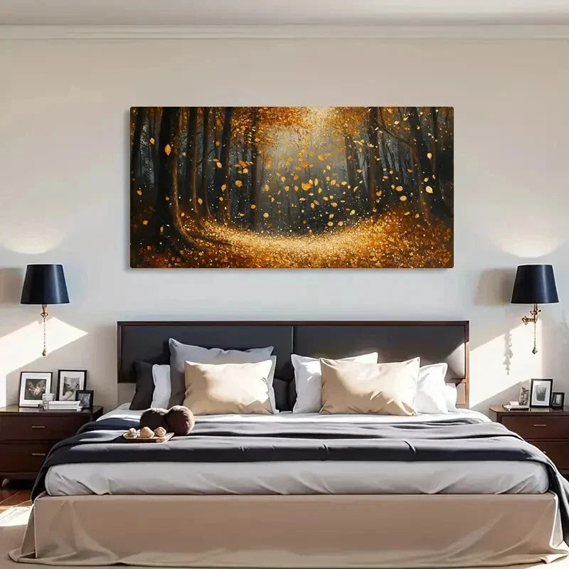 Golden Leaves Autumn Forest Wall Art Canvas Office Home Room Framed 120x60cm