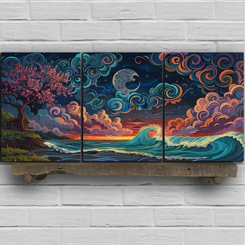 3pcs Storm Night Vibrant Abstract Ocean and Tree Metal Print Ready to Hang Art