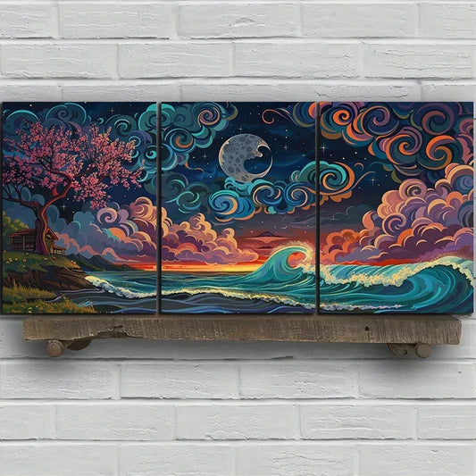 3pcs Storm Night Vibrant Abstract Ocean and Tree Metal Print Ready to Hang Art