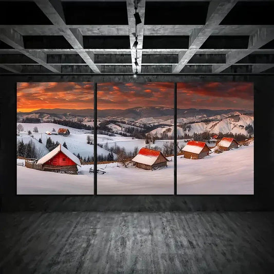 3pcs Mountain Range Red Farmhouse Metal Print Ready to Hang Art