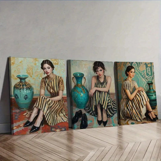 3pcs Featuring a Vintage-Style Girl Wall Art Set Canvas Framed 40x60cm - High Quality Print 100% Australian Made Wall Canvas Ready to Hang