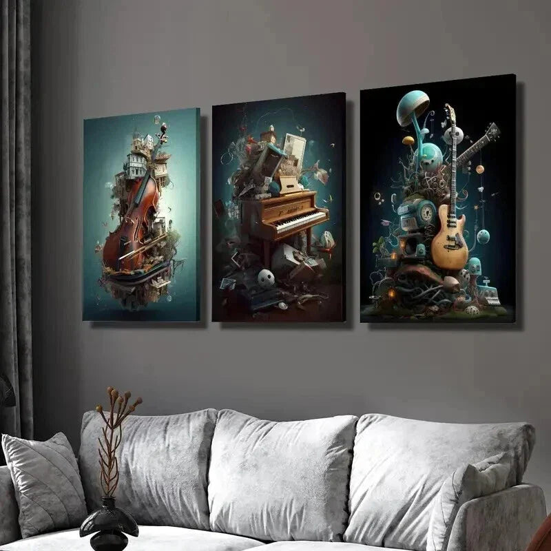 3pcs Violin Piano Guitar & Whimsical Objects Wall Art Set Canvas Framed 40x60cm - High Quality Print 100% Australian Made Wall Canvas Ready to Hang