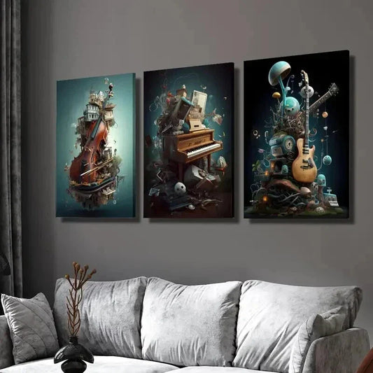 3pcs Violin Piano Guitar & Whimsical Objects Wall Art Set Canvas Framed 40x60cm - High Quality Print 100% Australian Made Wall Canvas Ready to Hang