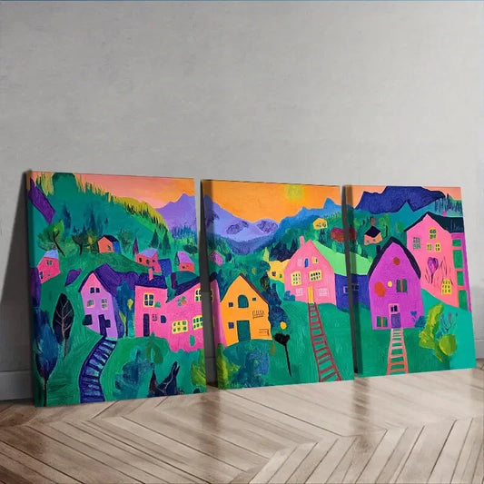 3pcs   Colorful Mountain & House Scenes  Wall Art Set Canvas Framed 40x60cm - High Quality Print 100% Australian Made Wall Canvas Ready to Hang