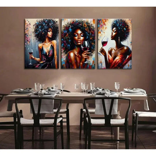 3pcs  Colorful Graffiti Afro Wine Girl  Metal Print Ready to Hang Art