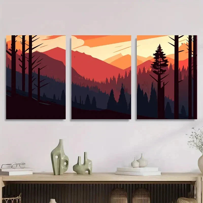 3pcs Vibrant Sunset Mountain Landscape Abstract Metal Print Ready to Hang Art