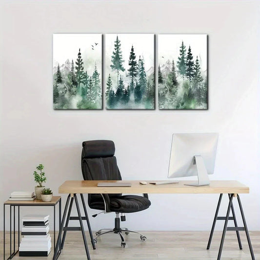 3pcs Misty Forest Green Mountain Metal Print Ready to Hang Art