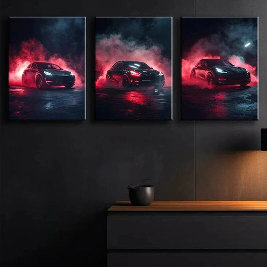 3pcs Luxurious Motion Camera Car Design Metal Print Ready to Hang Art