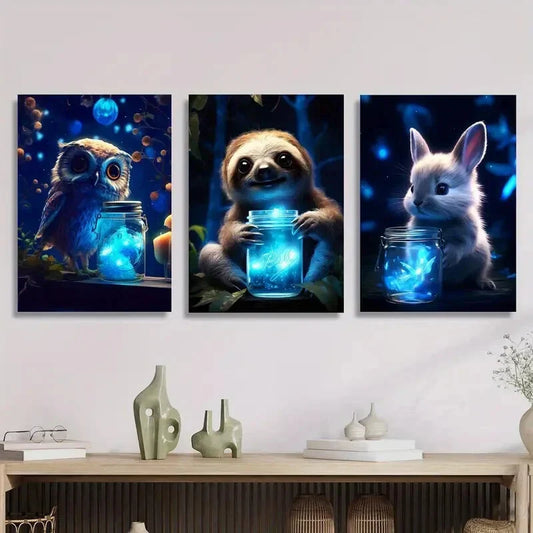 3pcs Cute cartoon animals, Magic in the forest, Metal Print Ready to Hang Art