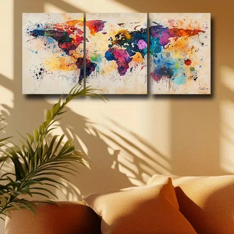 3pcs Watercolor World Map Design Metal Print Ready to Hang Art