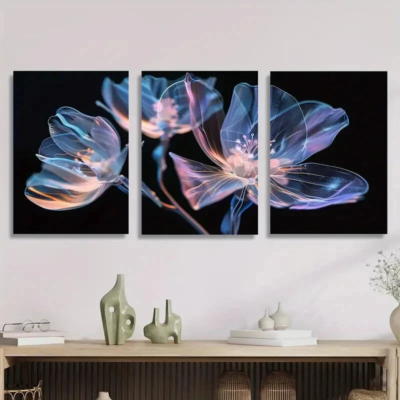 3pcs Vibrant Pink and Blue Crystal Flowers Metal Print Ready to Hang Art