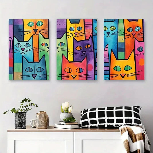 3pcs Colorful Cat Modern Abstract Metal Print Ready to Hang Art