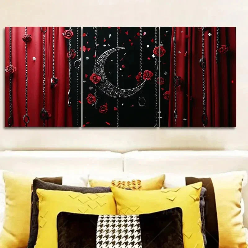 3pcs Black Moon and Red Roses Floral  Metal Print Ready to Hang Art