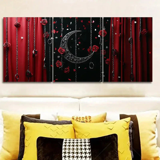 3pcs Black Moon and Red Roses Floral  Metal Print Ready to Hang Art