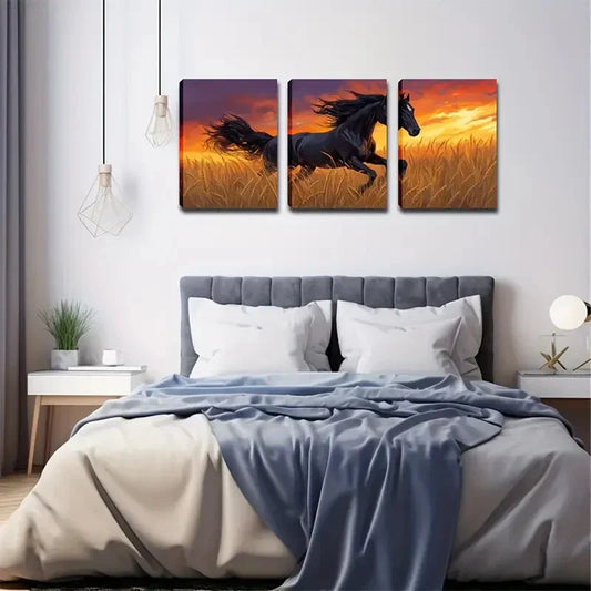 3pcs Running Horse In Rice Elegant Style Wall Art Set Canvas Framed 40x60cm - High Quality Print 100% Australian Made Wall Canvas Ready to Hang