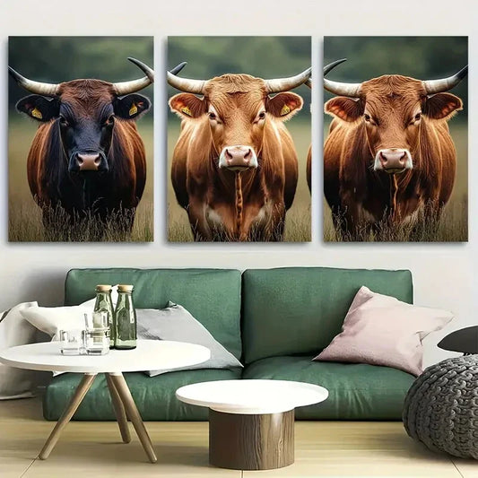 3pcs Texas Brown Longhorn Cattle Close Up Metal Print Ready to Hang Art