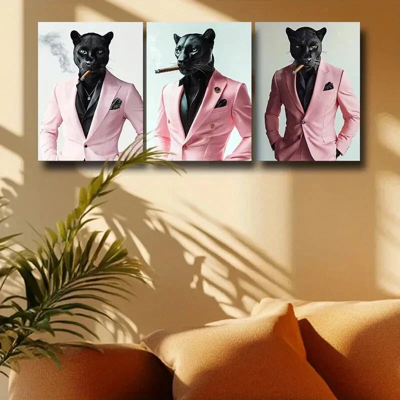 3pcs Featuring Leopards in Pink Suits Metal Print Ready to Hang Art