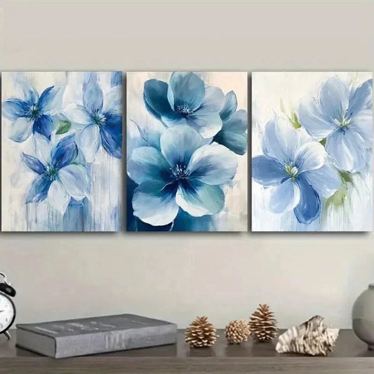 3pcs Beautiful Blue Flowers Decoration Wall Art Set Canvas Framed 40x60cm - High Quality Print 100% Australian Made Wall Canvas Ready to Hang