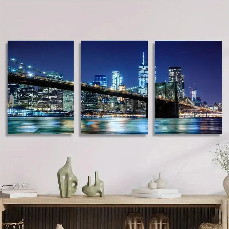 3pcs Artworks Featuring a Nighttime Cityscape Metal Print Ready to Hang Art