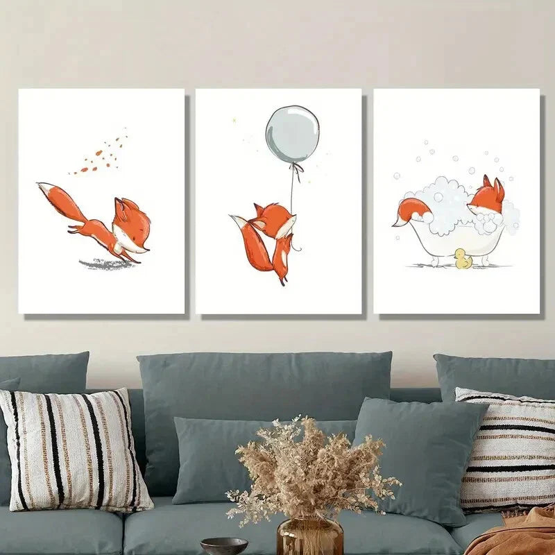 3pcs cute cartoon little orange fox, f Metal Print Ready to Hang Art