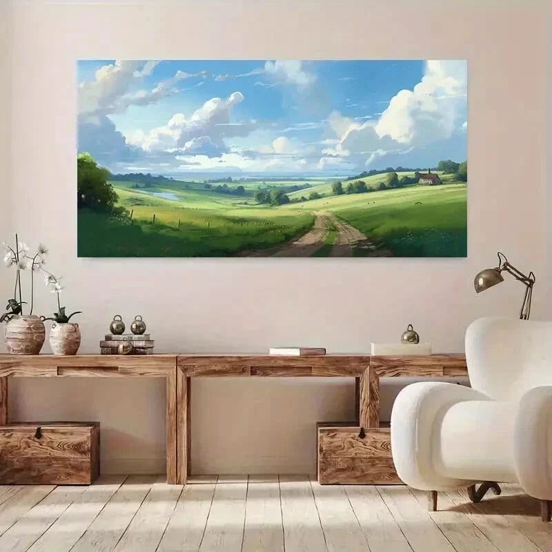 Green Meadow Pathway & Sky wall canvas office home room framed 120x60cm