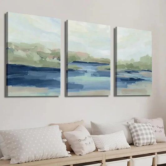 3pcs Vibrant Blue & Green Water Scene Wall Art Set Canvas Framed 40x60cm - High Quality Print 100% Australian Made Wall Canvas Ready to Hang
