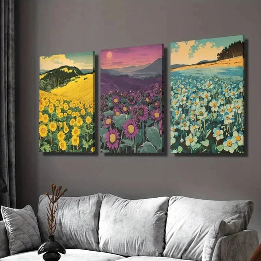 3pcs Flower Fields with Mountain & Sky Wall Art Set Canvas Framed 40x60cm - High Quality Print 100% Australian Made Wall Canvas Ready to Hang