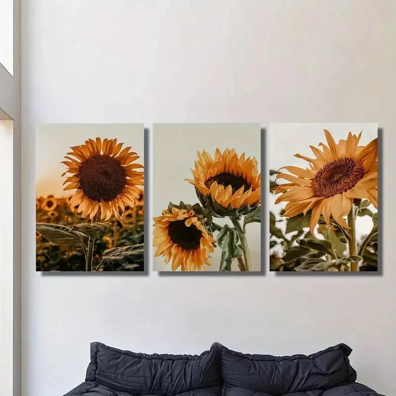 3pcs Nordic Dark Field Sunflower Bloom Metal Print Ready to Hang Art