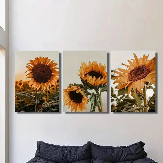 3pcs Nordic Dark Field Sunflower Bloom Metal Print Ready to Hang Art