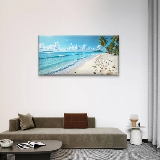 Blue Sky Beach Scene Perfect Wall Art Canvas Office Home Room Framed 80x45cm