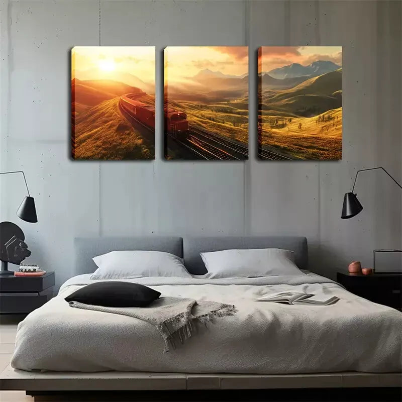 3pcs  Scenic Mountain Train Warm Sunset Landscape  Wall Art Set Canvas Framed 40x60cm - High Quality Print 100% Australian Made Wall Canvas Ready to Hang