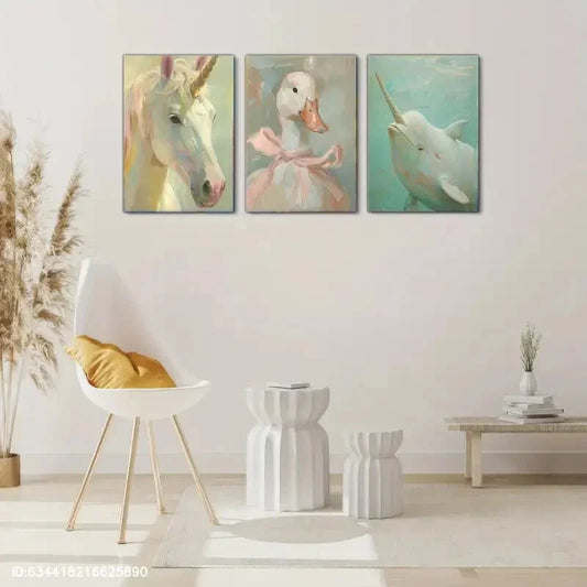 3pcs Duck Pink Bow Pastel Tones Vintage Metal Print Ready to Hang Art