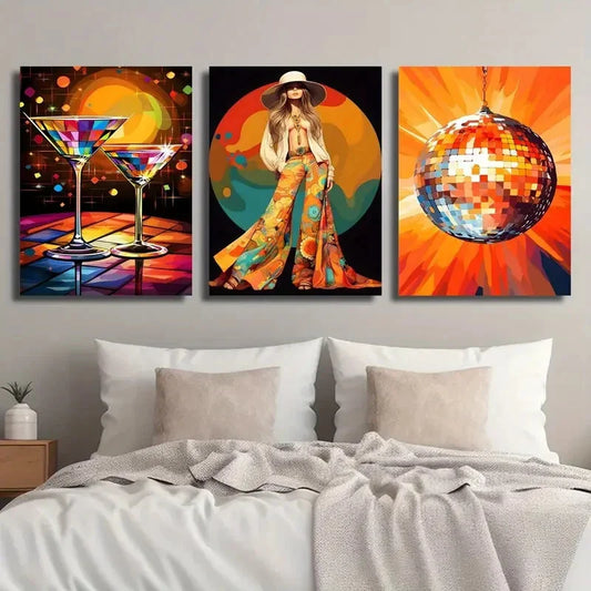 3pcs Cocktail Disco Ball Fashion Girl Metal Print Ready to Hang Art