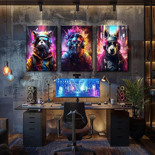 3pcs Video Game Cool Animal Painting Metal Print Ready to Hang Art