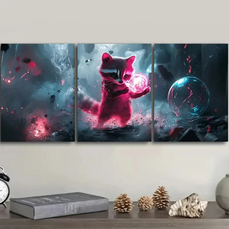 3pcs A magical raccoon Metal Print Ready to Hang Art