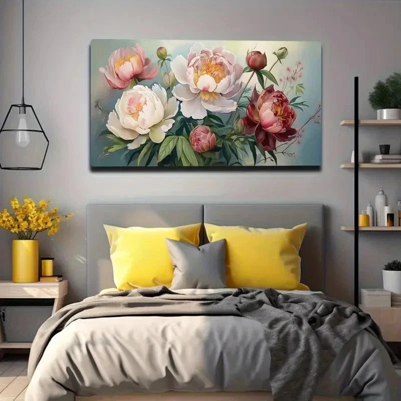 Vibrant Peonies & Roses Wall Art Canvas Office Home Room Framed 120x60cm