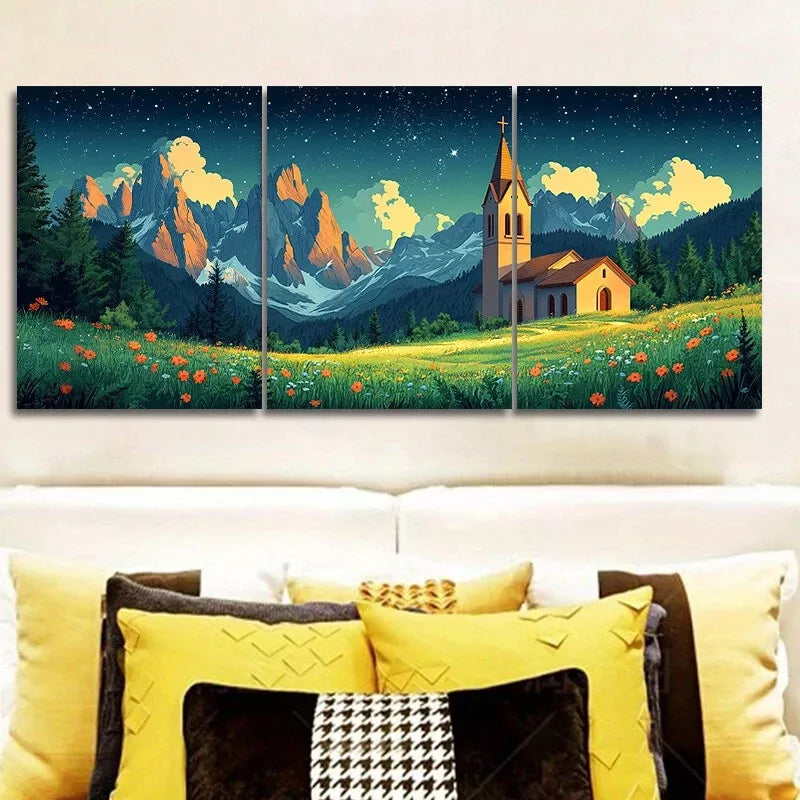 3pcs Depicting A Church Nestled Among Mountains Wall Art Set Canvas Framed 40x60cm - High Quality Print 100% Australian Made Wall Canvas Ready to Hang