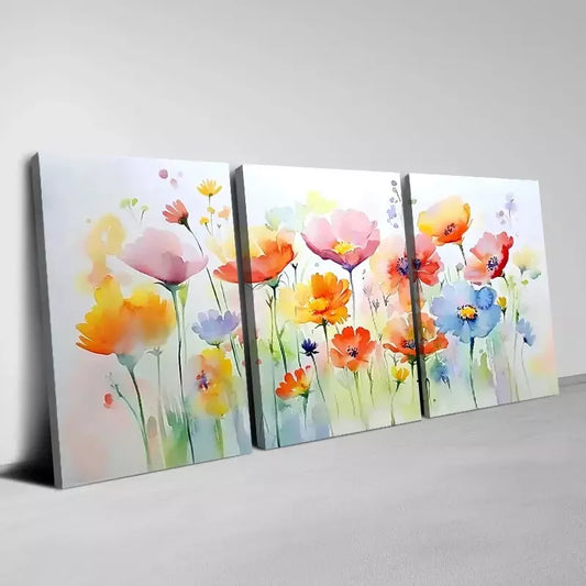 3pcs Beautiful Watercolor Colorful  Flowers Wall Art Set Canvas Framed 40x60cm - High Quality Print 100% Australian Made Wall Canvas Ready to Hang