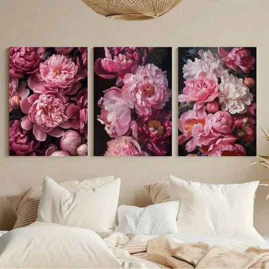 3pcs Dark Moody Peony Bold Botanical Floral Metal Print Ready to Hang Art'