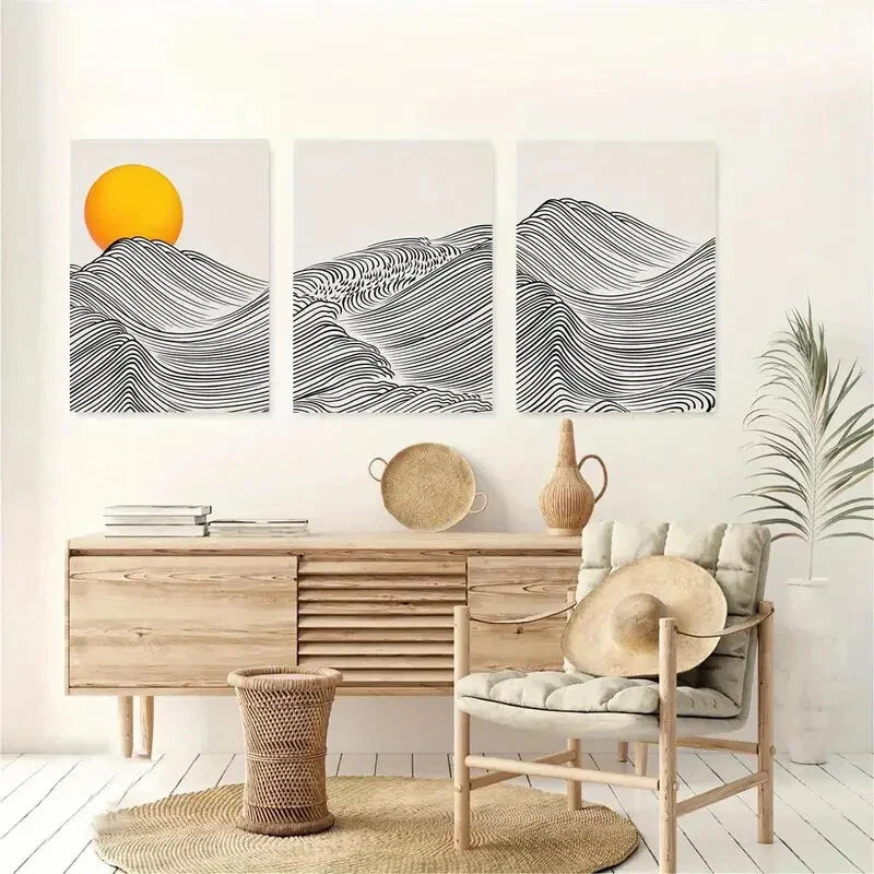 3pcs Japanese Wave Boho Sun Black and Beige Design Metal Print Ready to Hang Art
