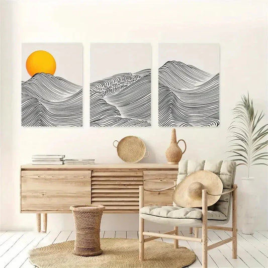 3pcs Japanese Wave Boho Sun Black and Beige Design Metal Print Ready to Hang Art