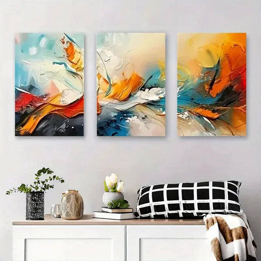 3pcs Abstract Colorful Orange Blue & Black Swirls Metal Print Ready to Hang Art