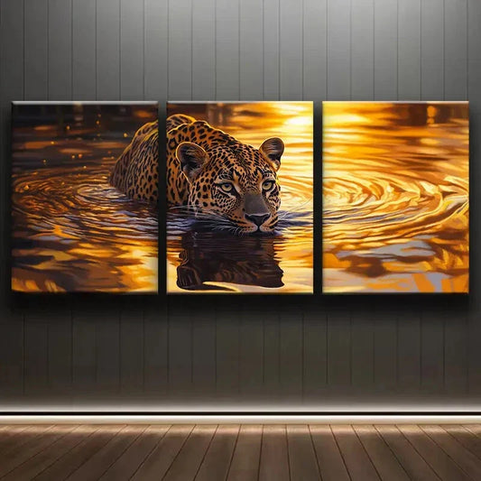 3pcs Tiger On River Sunlight Animal Themed Metal Print Ready to Hang Art