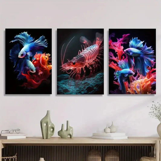 3pcs Fantasy underwater creatures, red shrimp Metal Print Ready to Hang Art