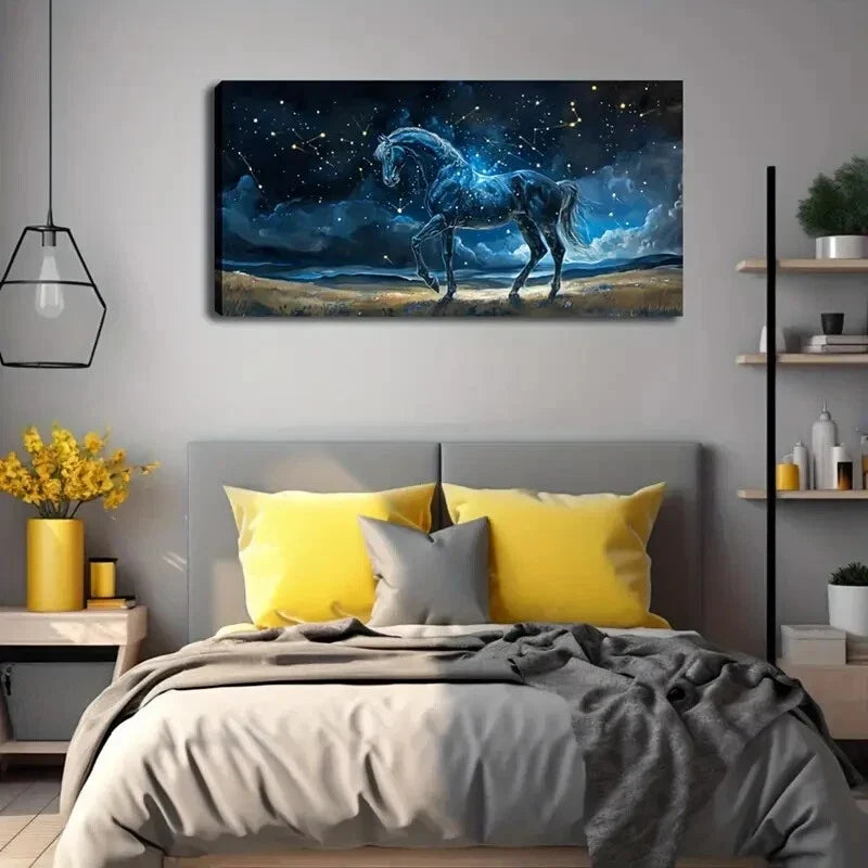 Majestic Black Horse in Starry Wall Art Canvas Office Home Room Framed 120x60cm
