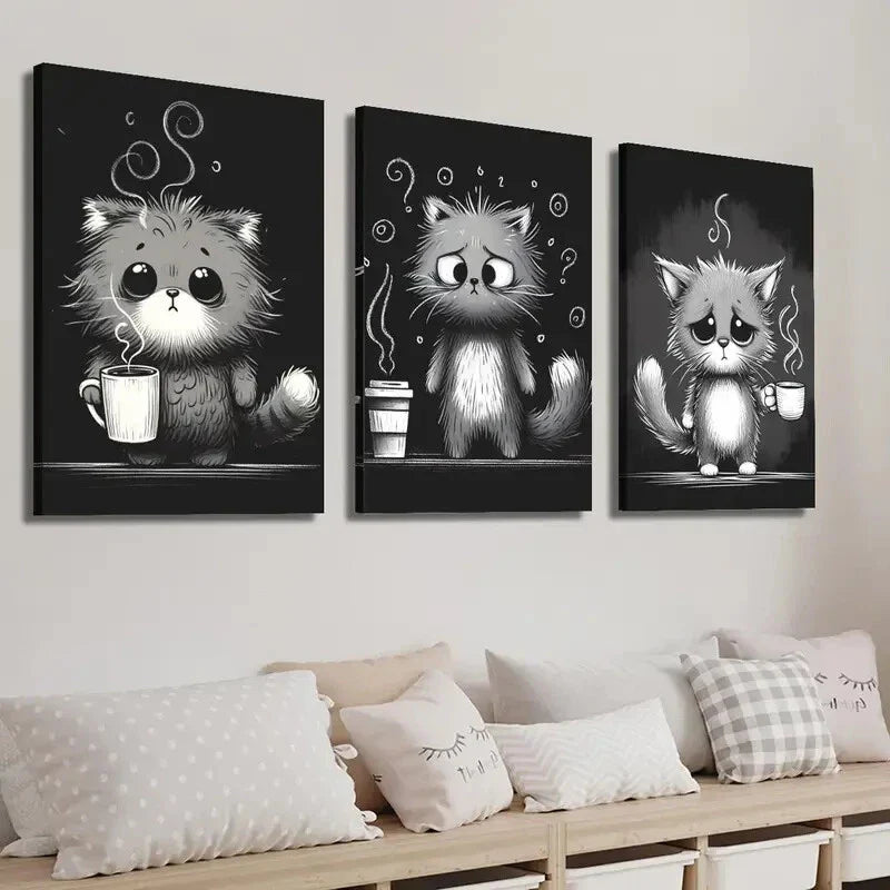3pcs Black And White Cat Illustration Wall Art Set Canvas Framed 40x60cm - High Quality Print 100% Australian Made Wall Canvas Ready to Hang