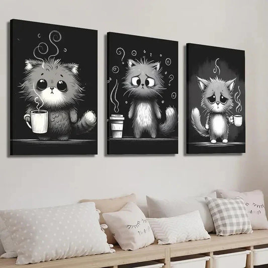 3pcs Black And White Cat Illustration Wall Art Set Canvas Framed 40x60cm - High Quality Print 100% Australian Made Wall Canvas Ready to Hang