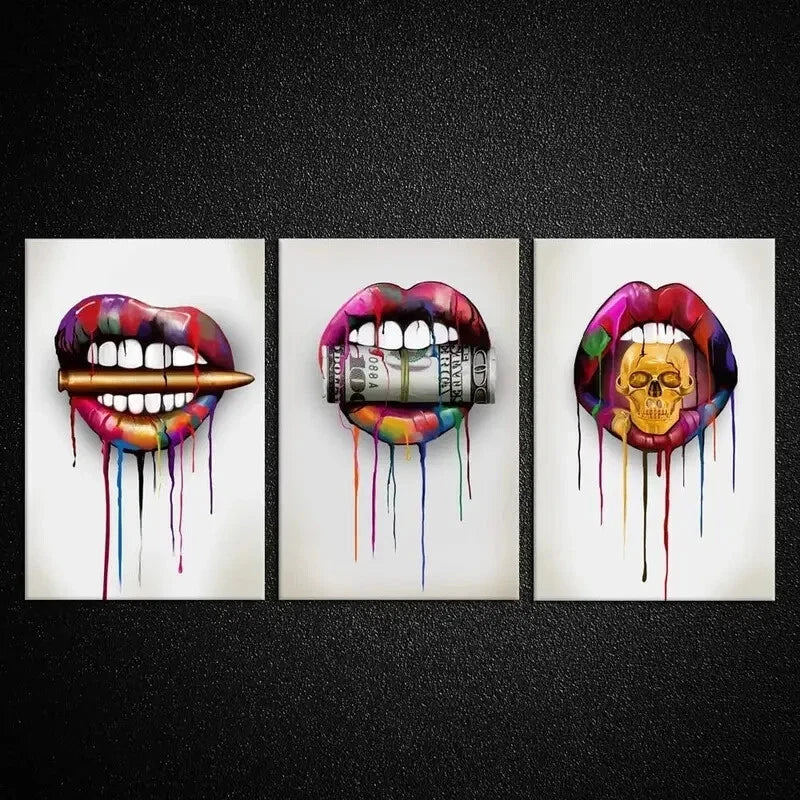 3pcs Abstract Lips with Bullet Money Dollars   Metal Print Ready to Hang Art