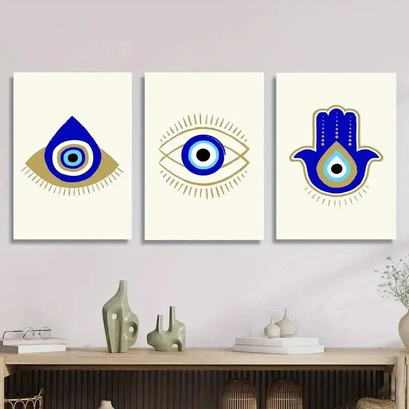 3pcs Teardrop &amp; Hand Shaped Greek Eye, Metal Print Ready to Hang Art