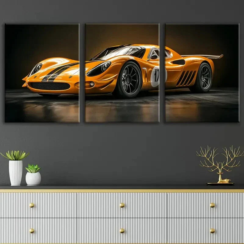 3pcs Abstract Yellow Sport Car Black Gold White Wall Art Set Canvas Framed 40x60cm - High Quality Print 100% Australian Made Wall Canvas Ready to Hang